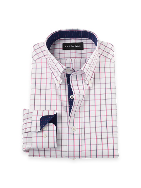 Cotton Buttondown Collar Poplin Tailored Contrast Trim Button Cuff Long Sleeve