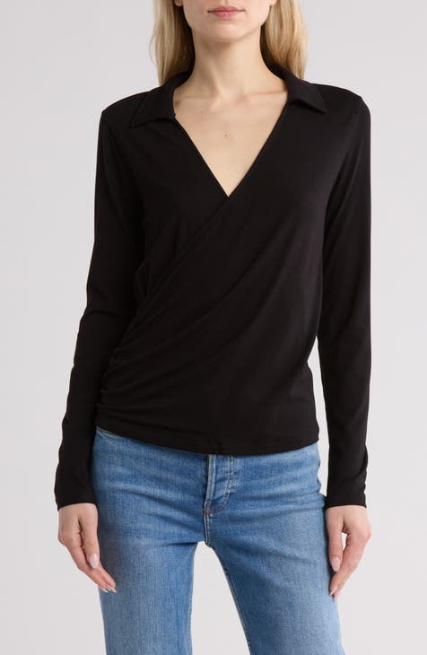 Surplice V-Neck Faux Wrap Slinky Knit Top