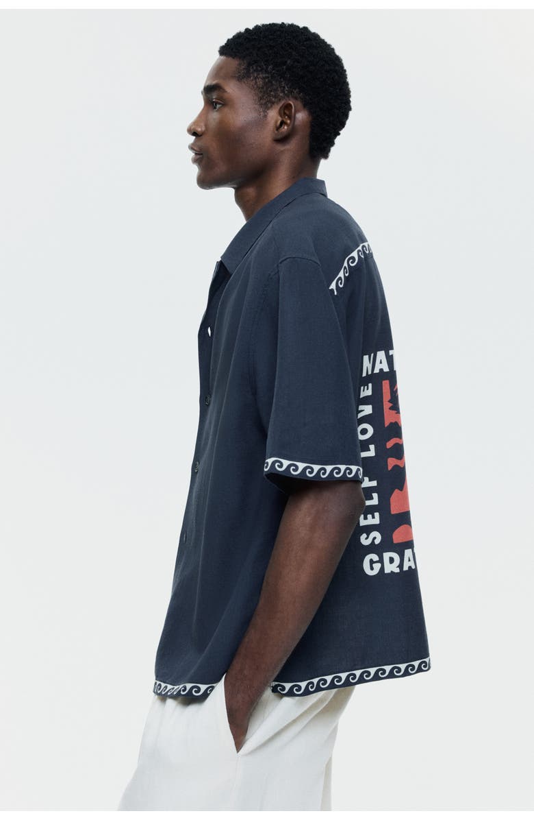 H&M Relaxed-fit cotton resort shirt, Alternate, color, Black/Waves