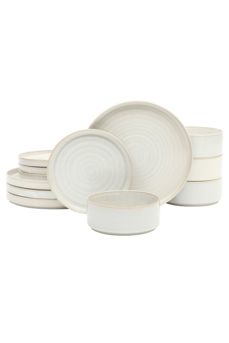 Echo Bay 12-Piece Reactive Glaze Porcelain Dinnerware Set, Main, color, Linen