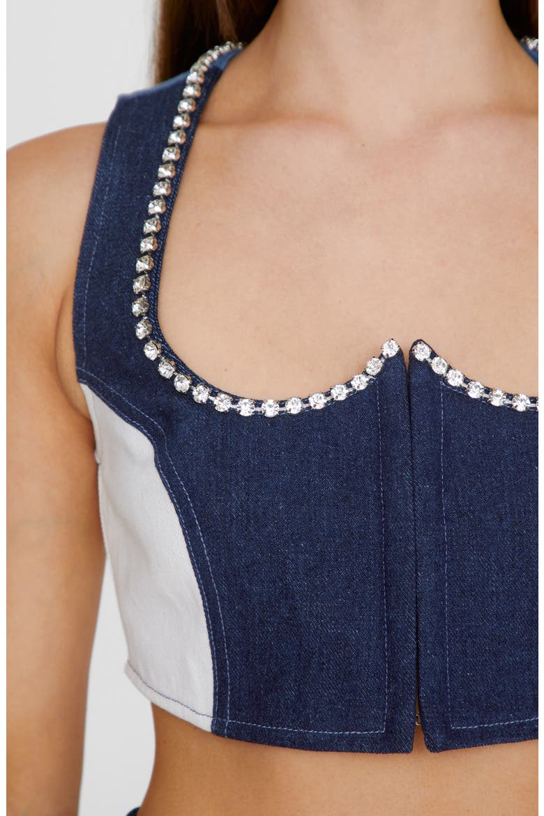 Embellished Trim Colorblock Denim Crop Top, Alternate, color, BLUE MULTI