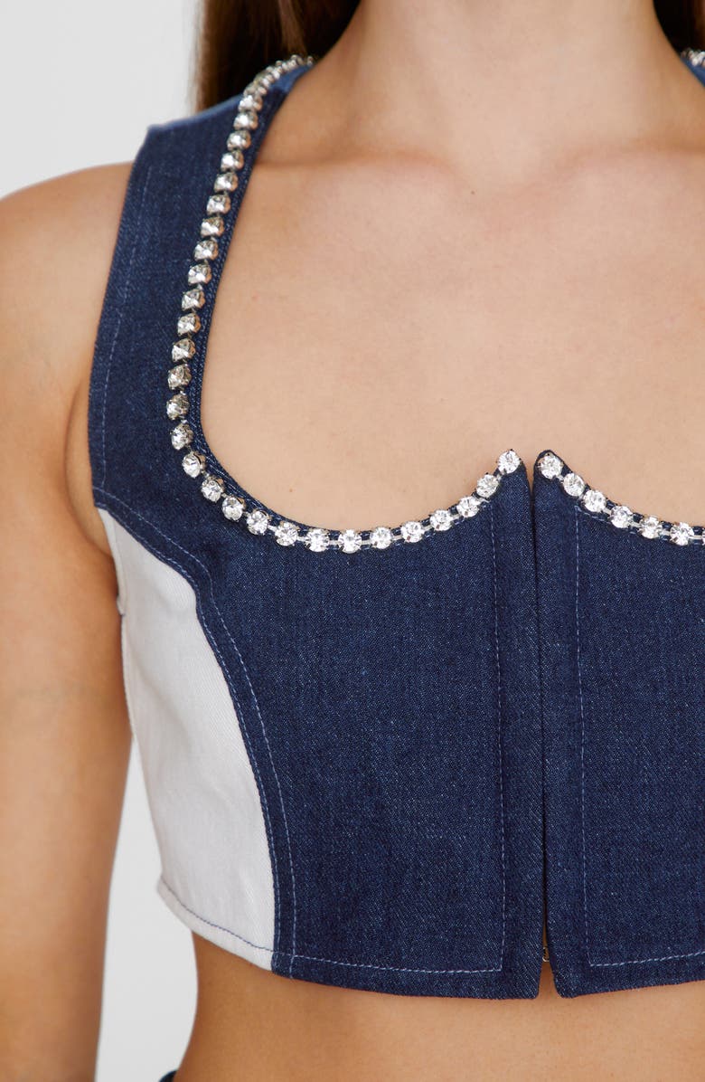 NASTY GAL Embellished Trim Colorblock Denim Crop Top, Alternate, color, 
