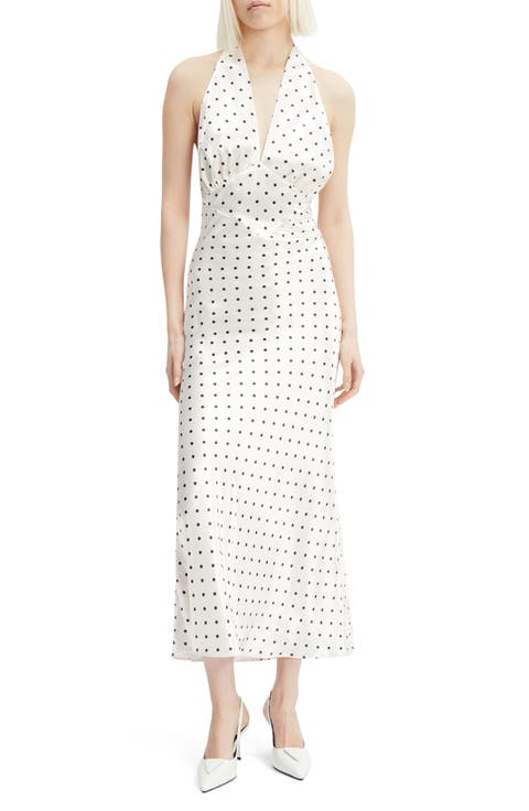 Citron Polka Dot Halter Cocktail Midi Dress
