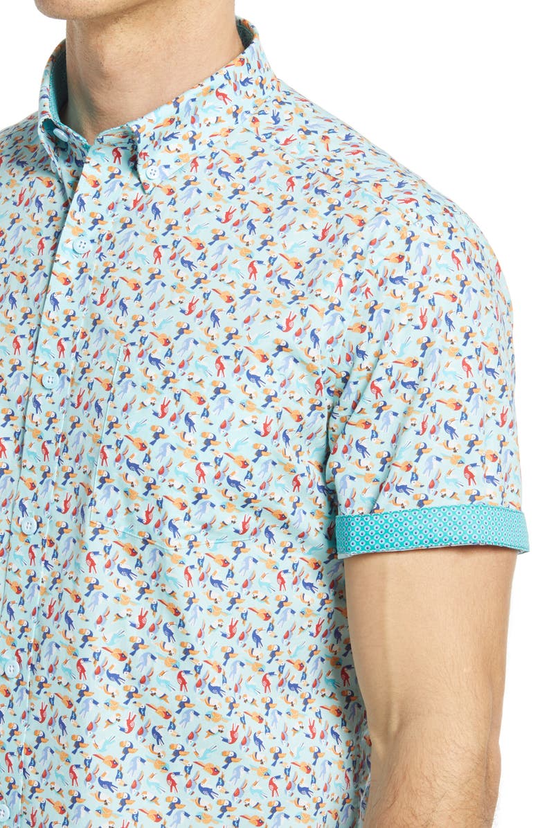 Johnston & Murphy Toucan Print Short Sleeve Button-Down Shirt, Alternate, color, 