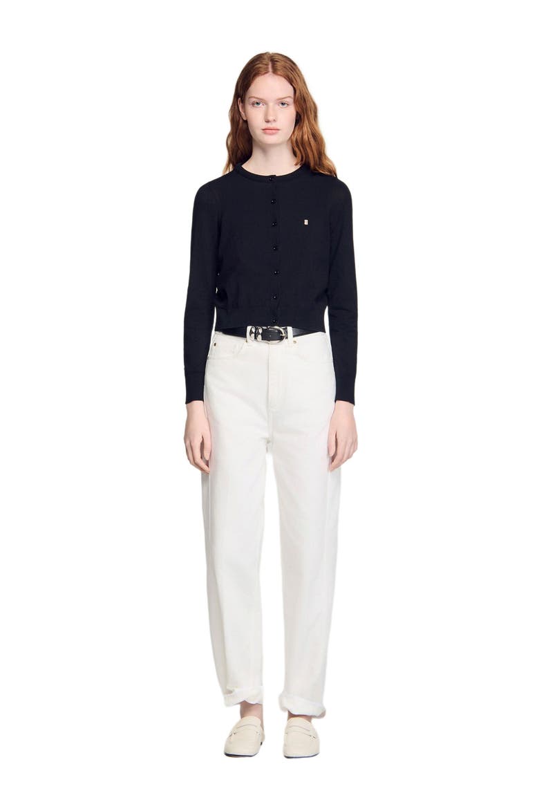 Cropped padded round neck cardigan, Alternate, color, Black