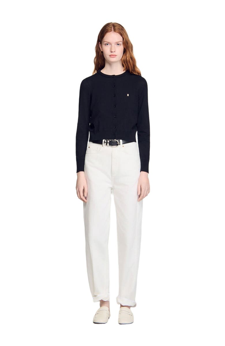 SANDRO Padded round neck cropped cardigan, Alternate, color, Black