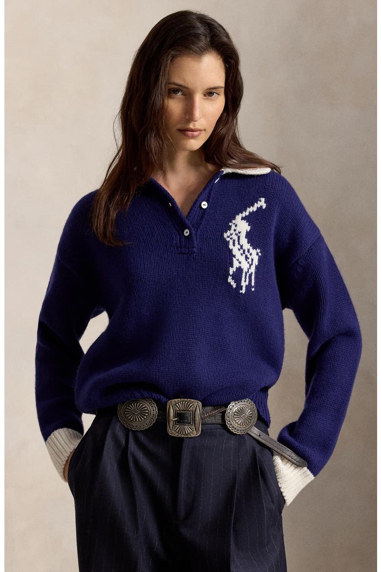 Wool Polo Sweater, Alternate, color, ROYAL/ CREAM