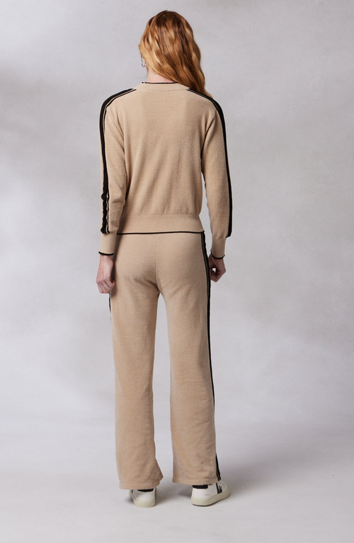 Kashwere Apparel V Neck Track Sweater In Sand/black Stripe