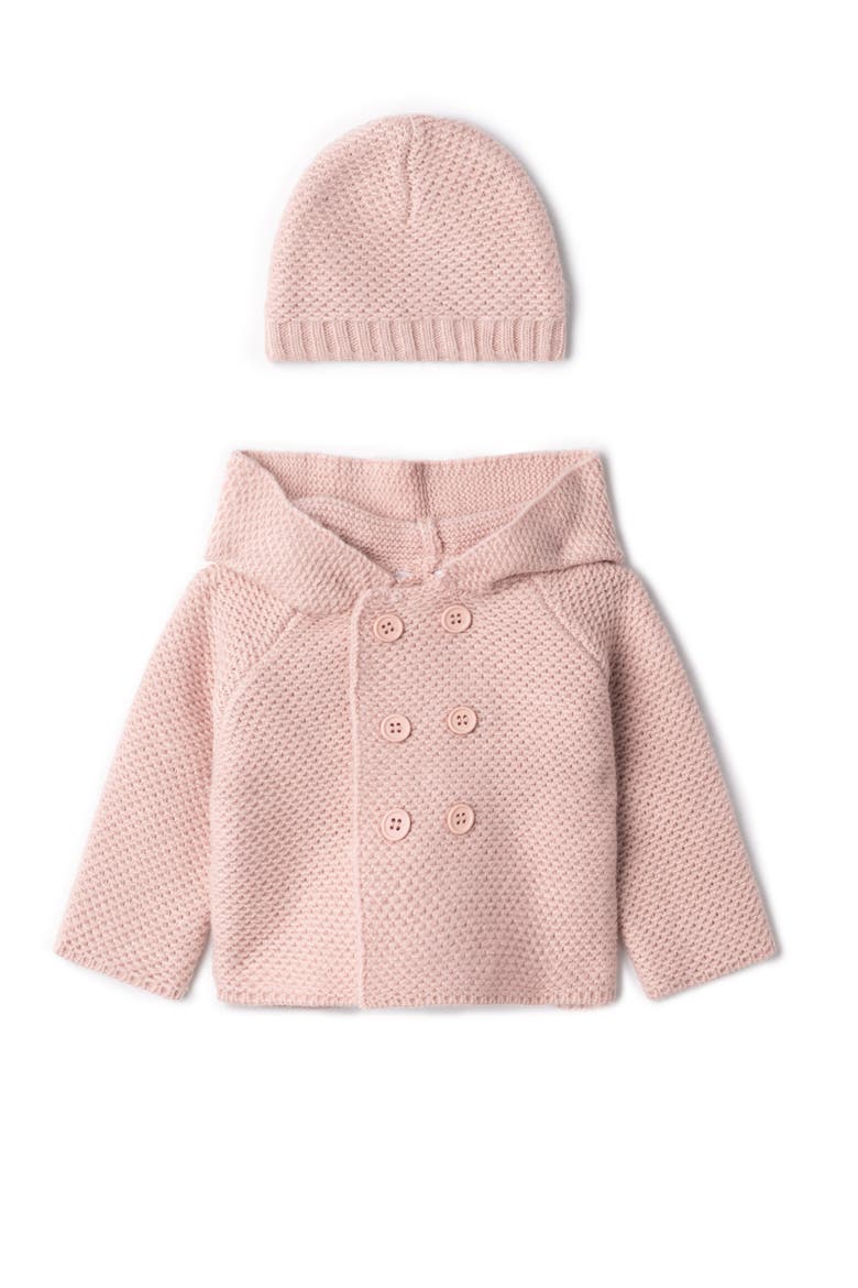 Cozy Knit Button-Front Hooded Jacket and Matching Hat Set, Main, color, Pale Mauve
