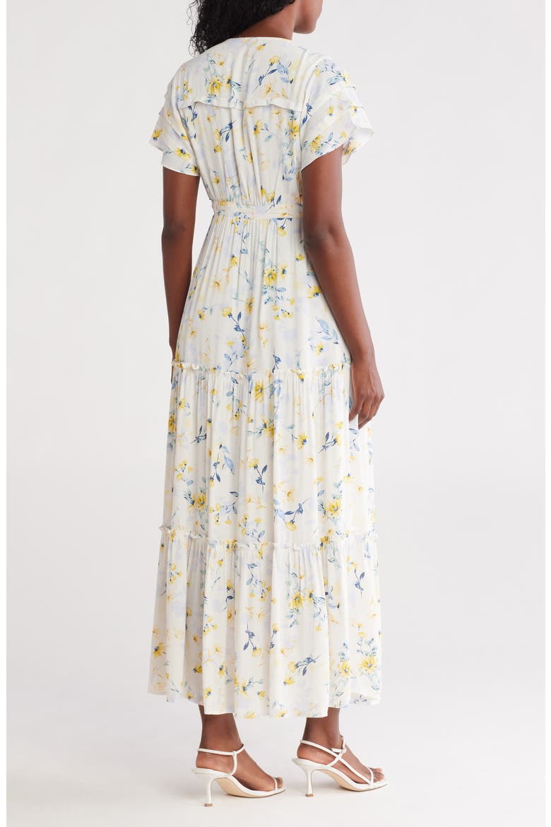 Floral Flutter Sleeve Button Front Tiered Maxi Dress, Alternate, color, CREAM/ YELLOW
