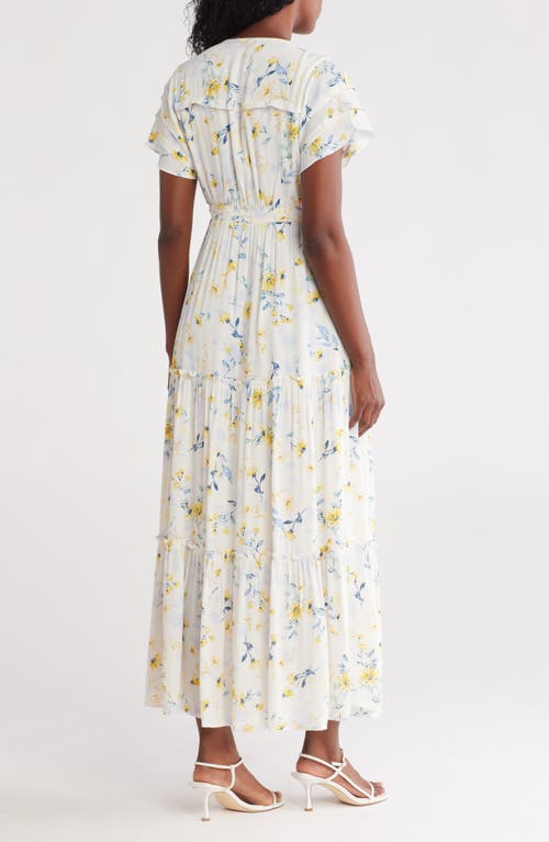 LOVESTITCH LOVESTITCH FLORAL FLUTTER SLEEVE BUTTON FRONT TIERED MAXI DRESS