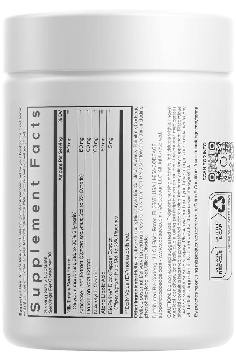Codeage Liposomal Milk Thistle+, NAC, Artichoke, Dandelion Supplement, Alternate, color, White
