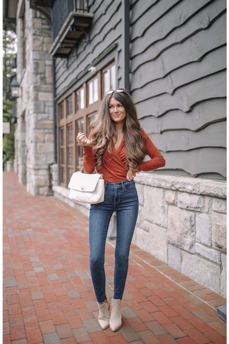 Faux Wrap Long Sleeve Slub Knit Top, Alternate, color, HENNA