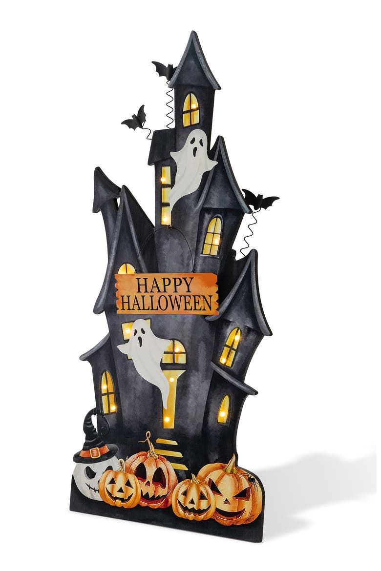 30"H Halloween Lighted Wooden Haunted House Porch Decor, Main, color, Black