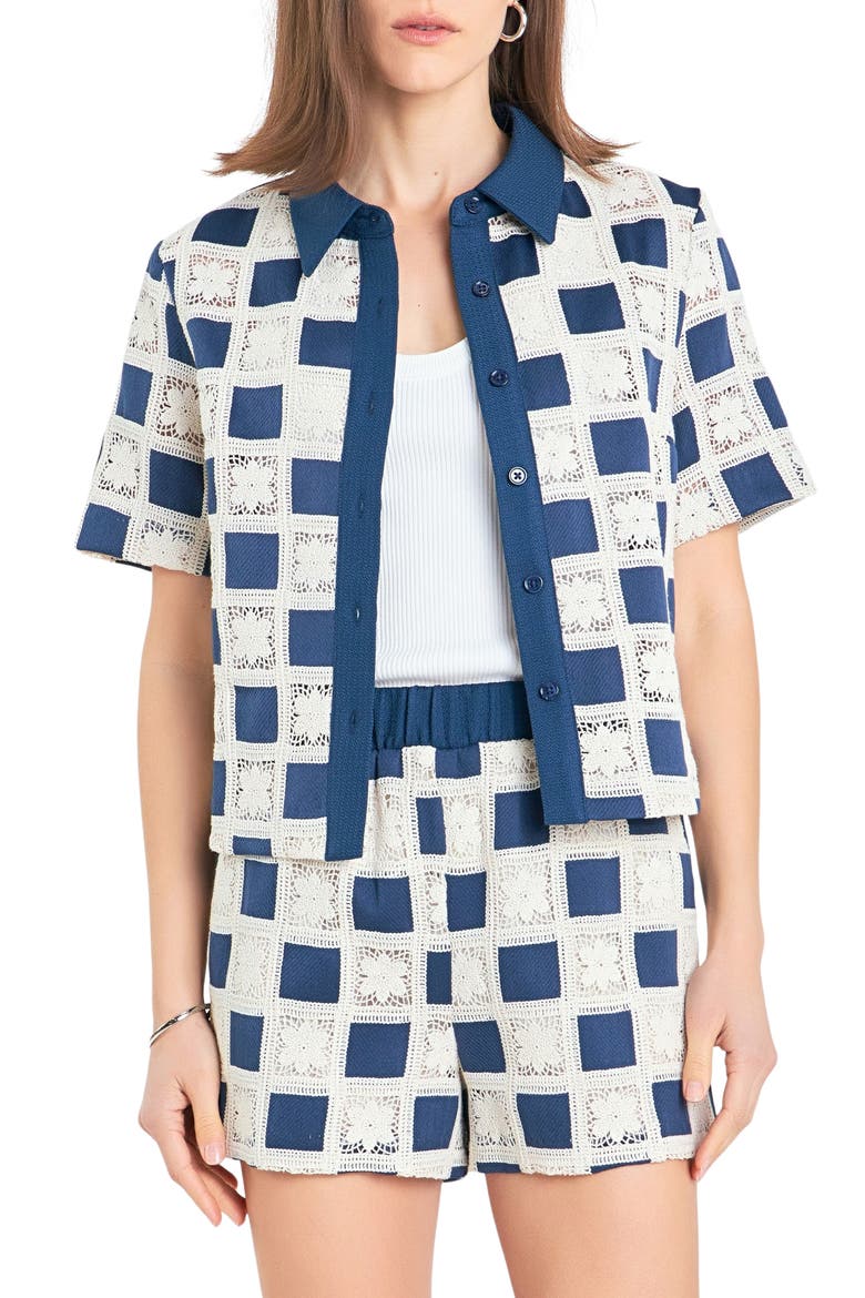 Crochet Lace Patchwork Short Sleeve Button-Up Shirt, Main, color, NAVY MULTI