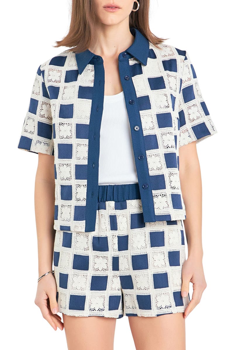 English Factory Crochet Lace Patchwork Short Sleeve Button-Up Shirt, Main, color, 