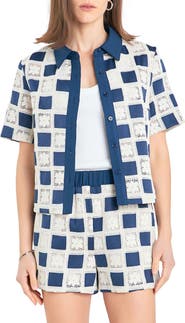 English Factory Crochet Lace Patchwork Short Sleeve Button-Up Shirt