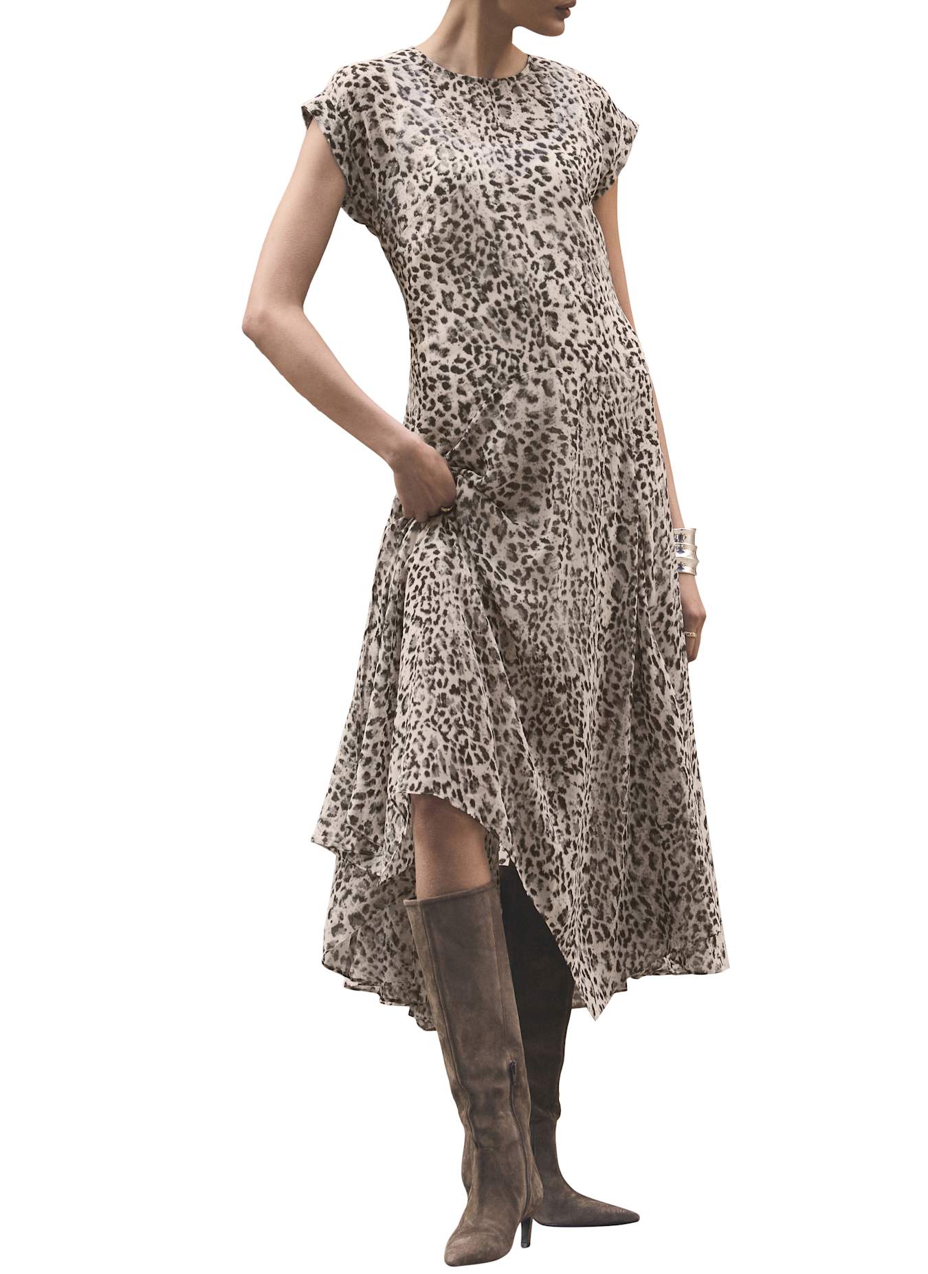 Leopard Print Cap Sleeve Midi Dress