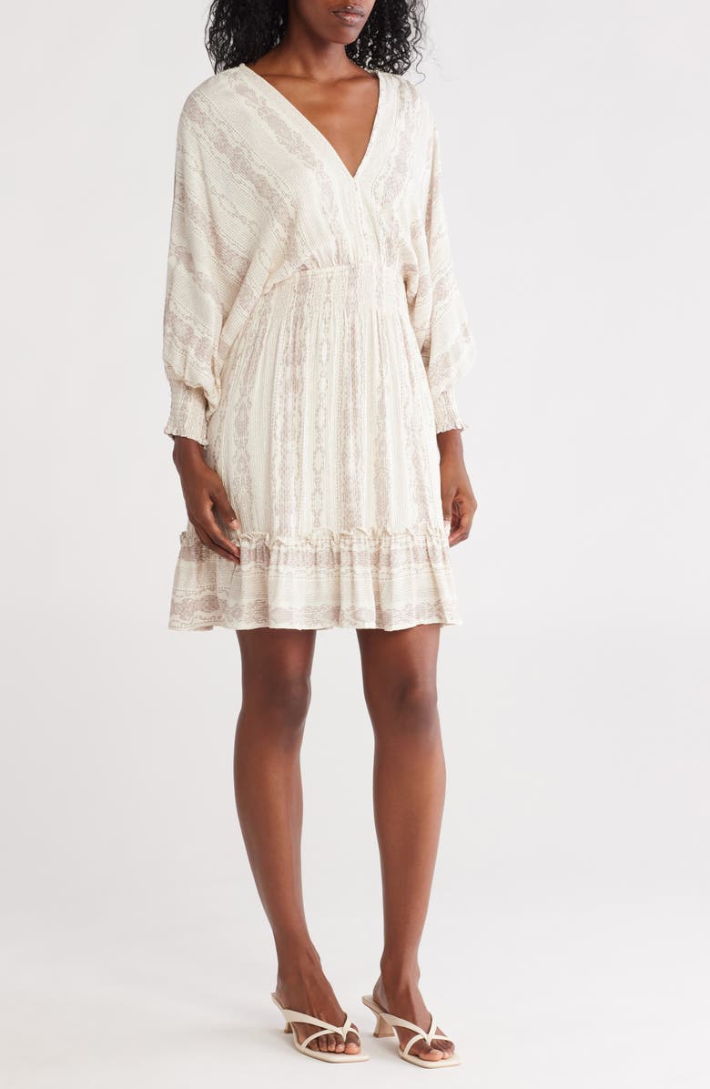 Lovestitch Smocked Long Sleeve Dress, Main, color, Ivory/ Grey