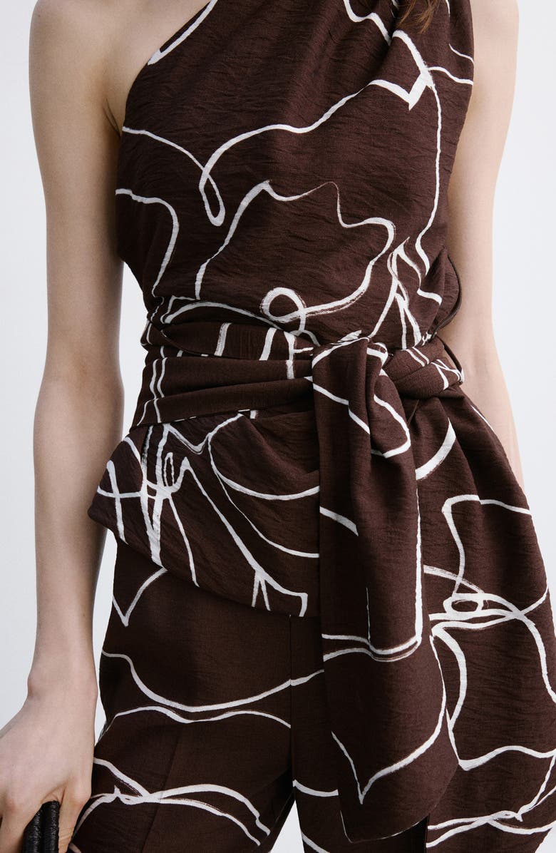 MANGO Print One-Shoulder Tie Waist Top, Alternate, color, Brown