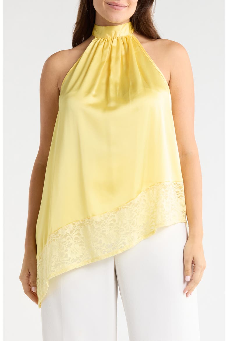 Sleeveless Lace Trim Satin Asymmetric Top, Main, color, BUTTER YELLOW