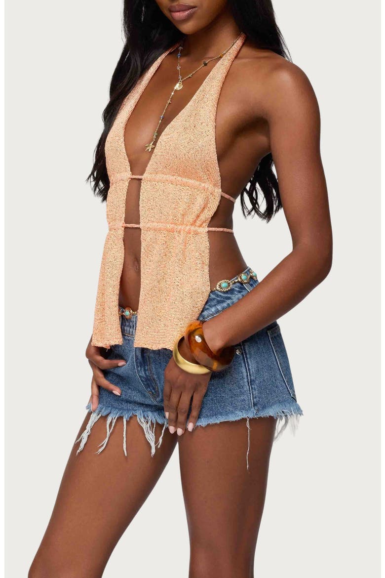 Sequin Split Front Knit Halter Top, Alternate, color, ORANGE