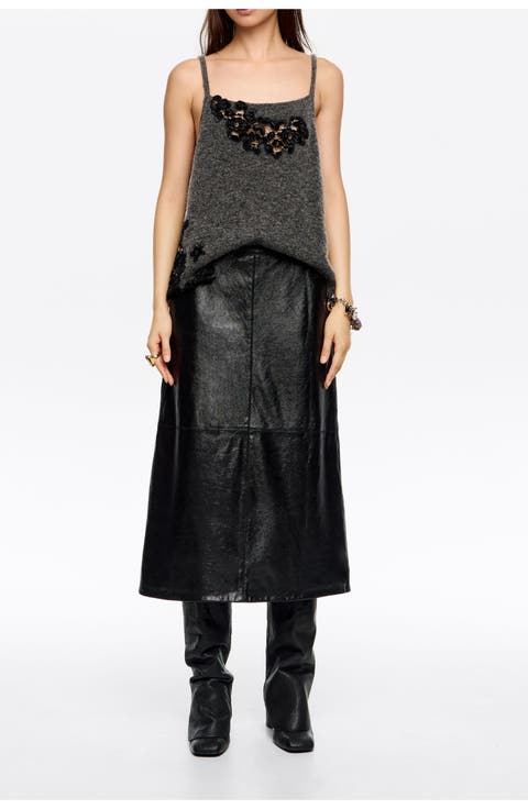 Leather A-Line Midi Skirt