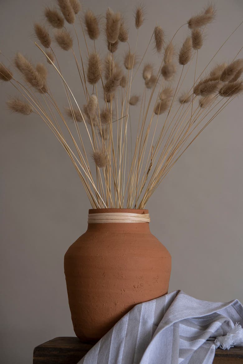 Natural Handthrown Terracotta & Rattan Accents Decorative Home Vase, Alternate, color, Brown