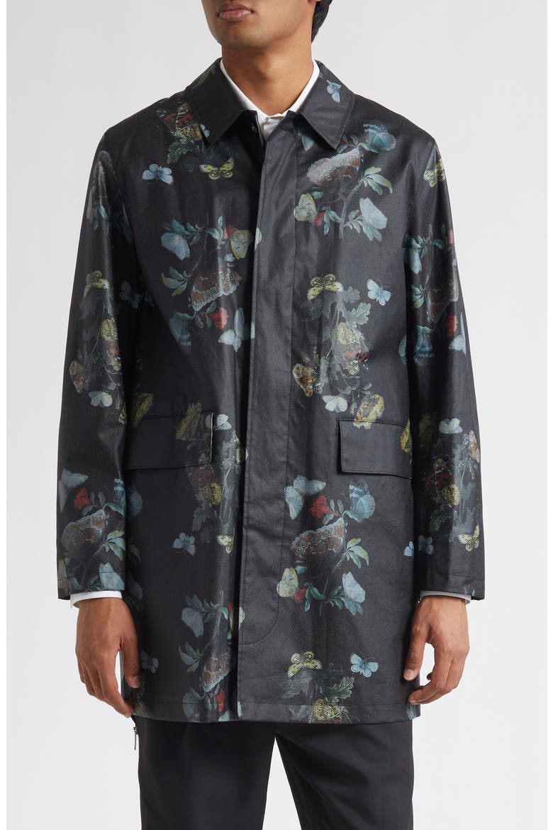 Floral Water Resistant Oiled Cotton Coat, Main, color, BLACK BASE