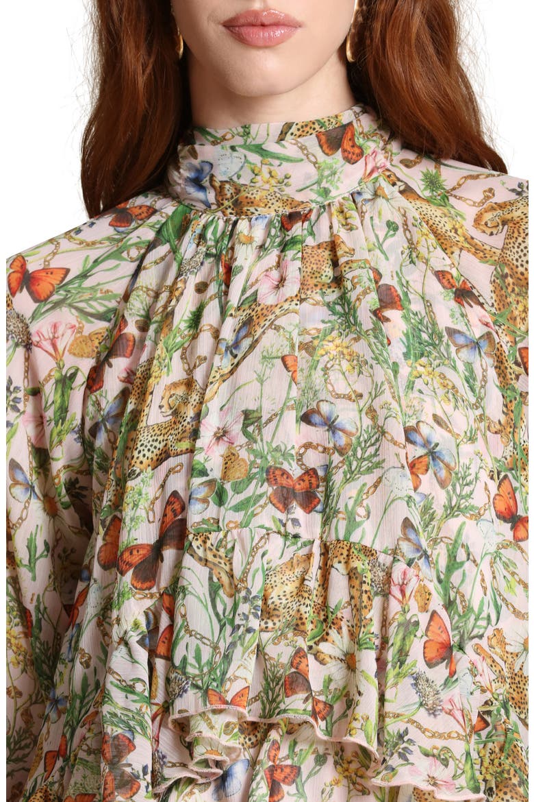 Mixed Print Tie Neck Long Sleeve Top, Alternate, color, PINK CHEETAH SCARF