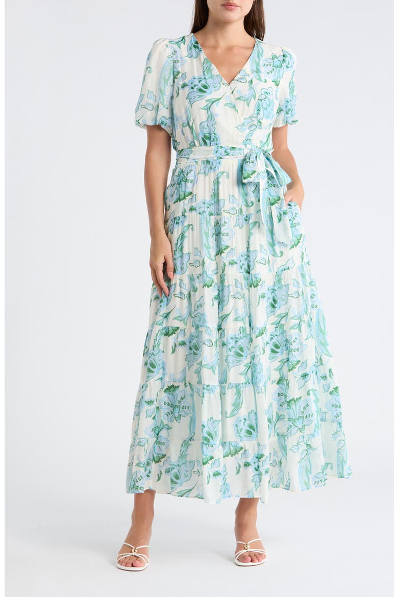 Floral Puff Sleeve Tiered Maxi Dress, Main, color, BLUE MULTI