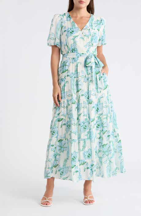 Halogen® Floral Puff Sleeve Tiered Maxi Dress