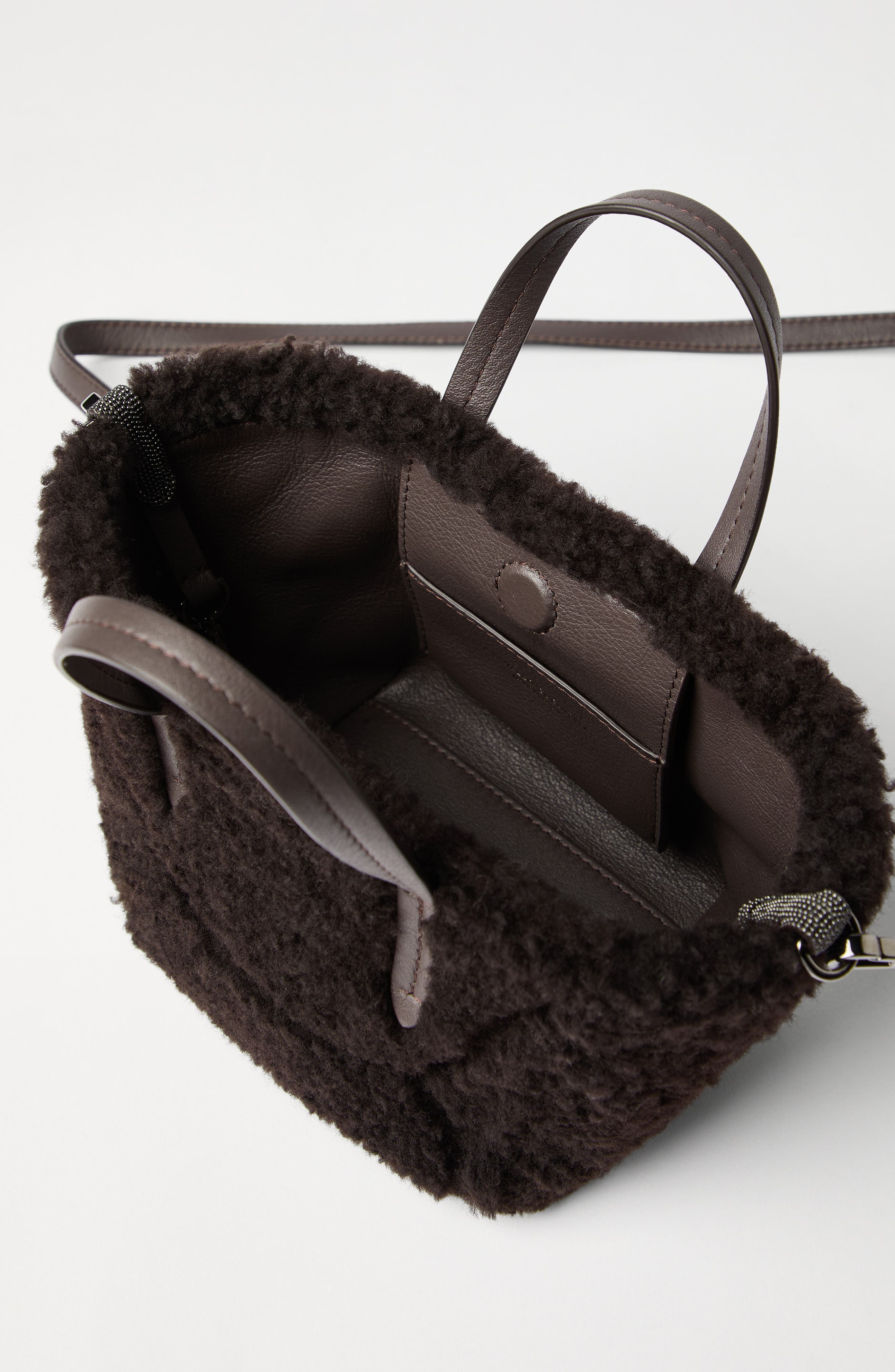 Brunello Cucinelli Shearling BC Duo mini bag, Alternate, color, Rust Brown