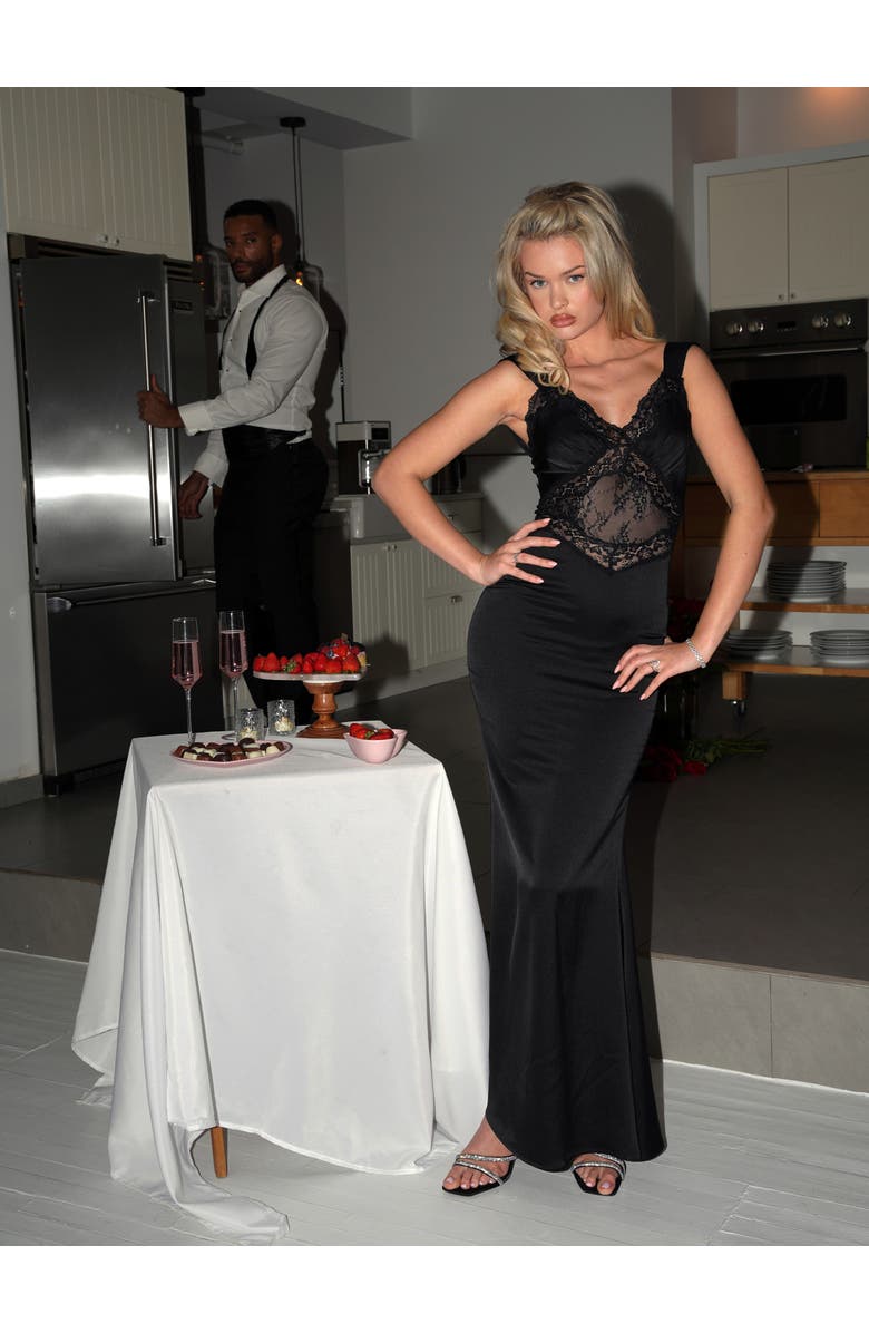 Miss Circle Camila Satin and Lace Maxi Dress, Alternate, color, Black