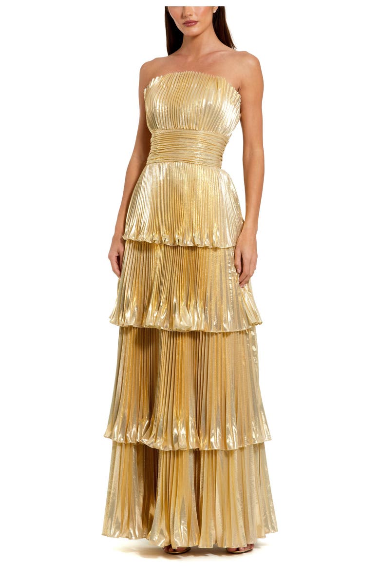 Mac Duggal Strapless Pleated Metallic Layered High Low Gown, Main, color, Gold