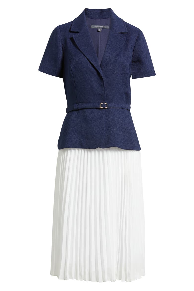 Faux Two-Piece Short Sleeve Belted Midi Dress, Alternate, color, NAVY/IVORY