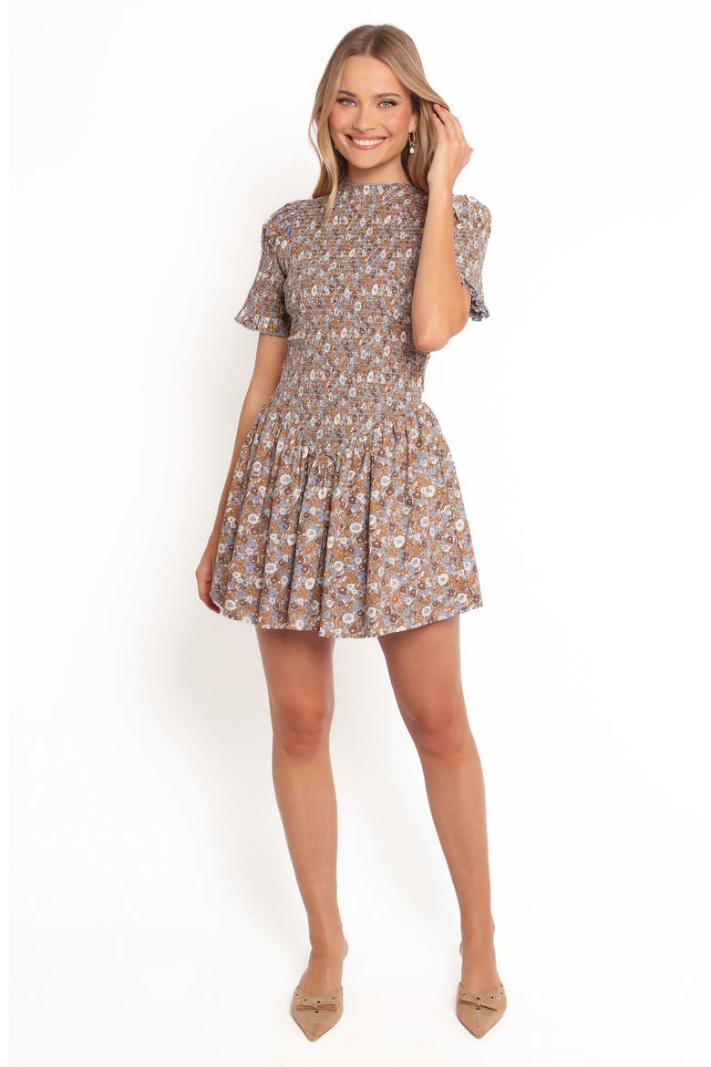 Celine Smocked Minidress, Alternate, color, BROWN FLORAL
