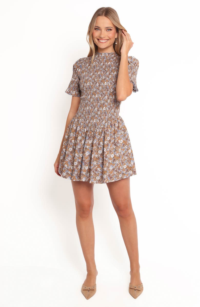 Petal & Pup Celine Smocked Minidress, Alternate, color, Brown Floral