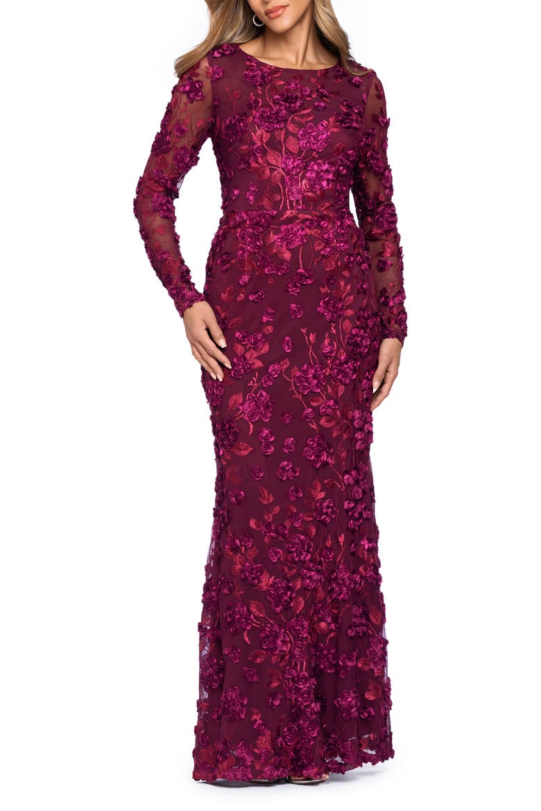 Embroidered Floral Long Sleeve Gown, Main, color, WINE