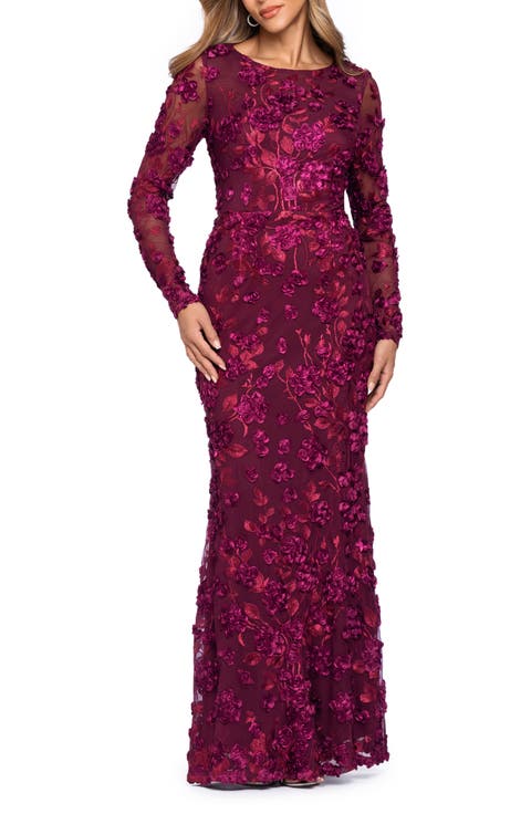 Embroidered Floral Long Sleeve Gown