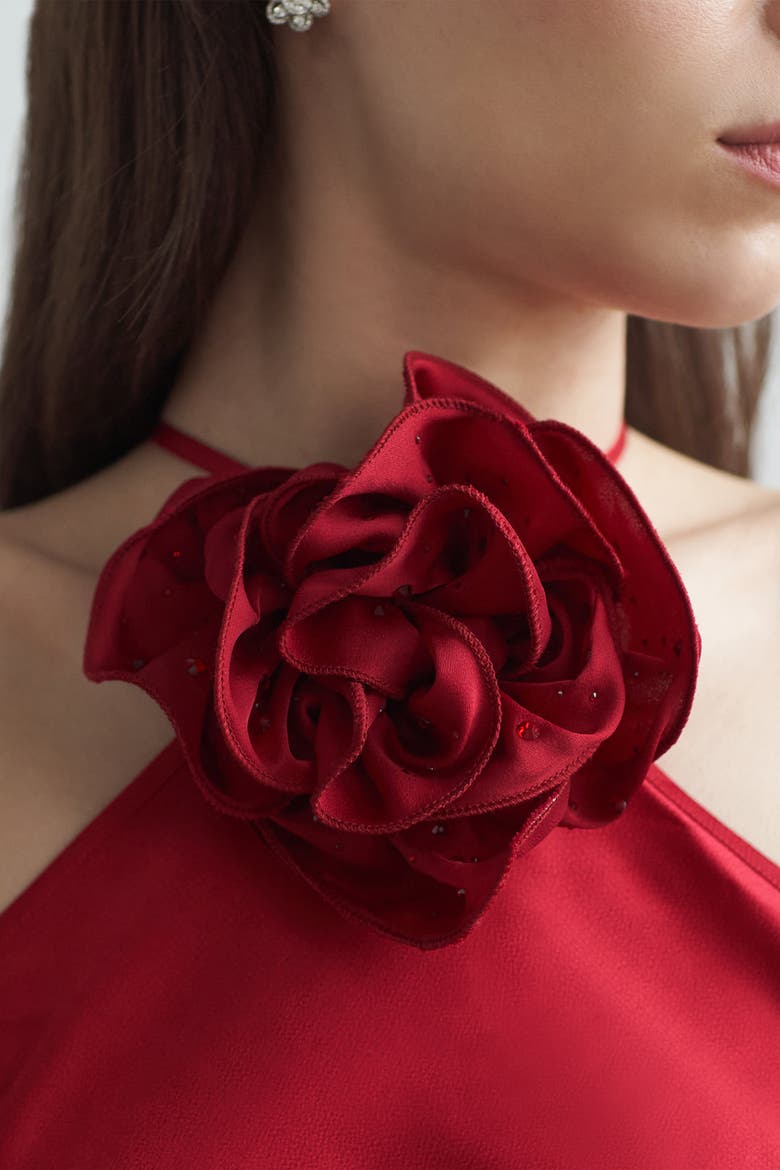 Belle Halter Neck Silky Dress With Crystallised Floral Corsage, Alternate, color, Red