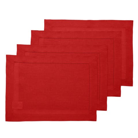 Linen Placemats Set of 4, 14 x 19 Inch for Dining Table, Holiday and Everyday Table Decor - Classic Hemstitch