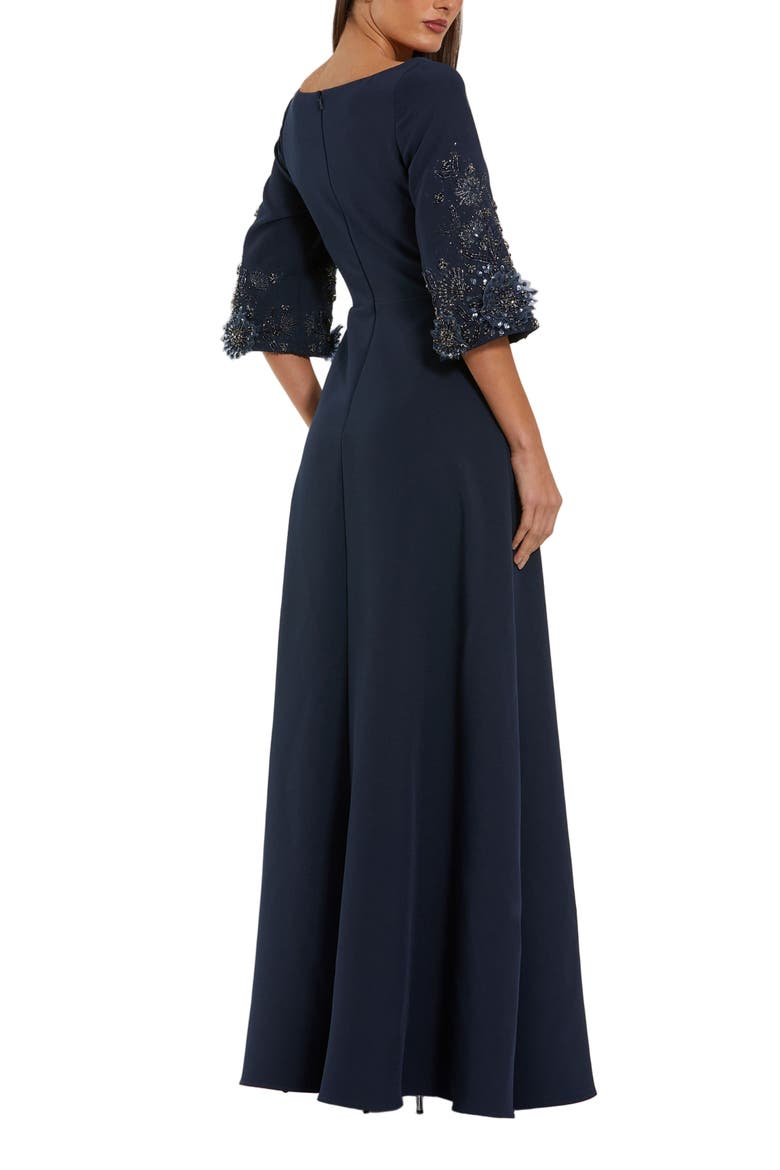 Crepe Gown With Floral Embellished Sleeves, Alternate, color, Midnight