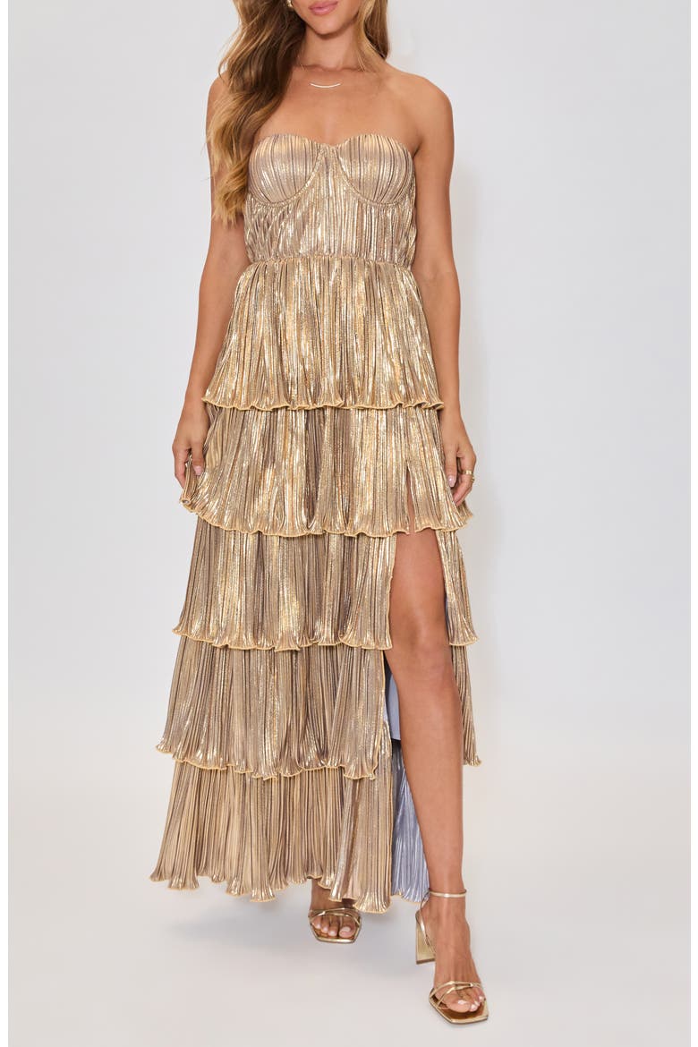 Gilded Age Metallic Plissé Tiered Strapless Gown, Alternate, color, GOLD