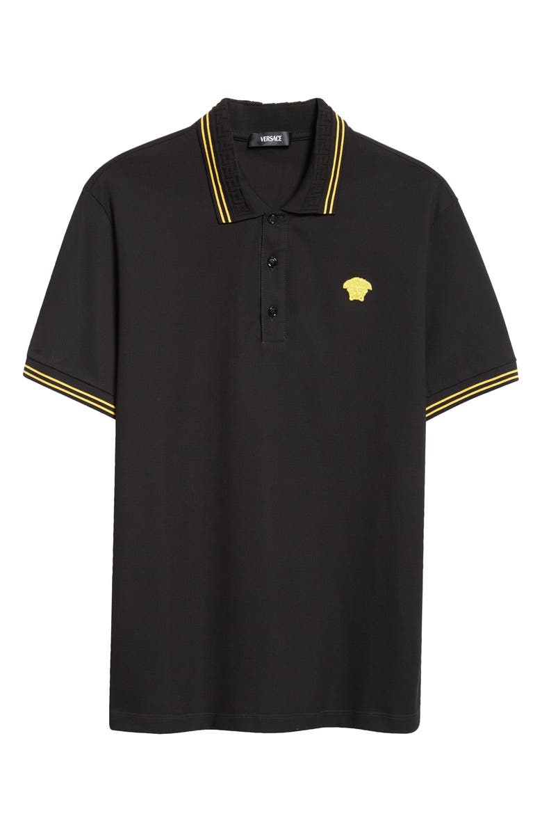 Versace Tipped Embroidered Medusa Cotton Piqué Polo, Alternate, color, 1B000-Black