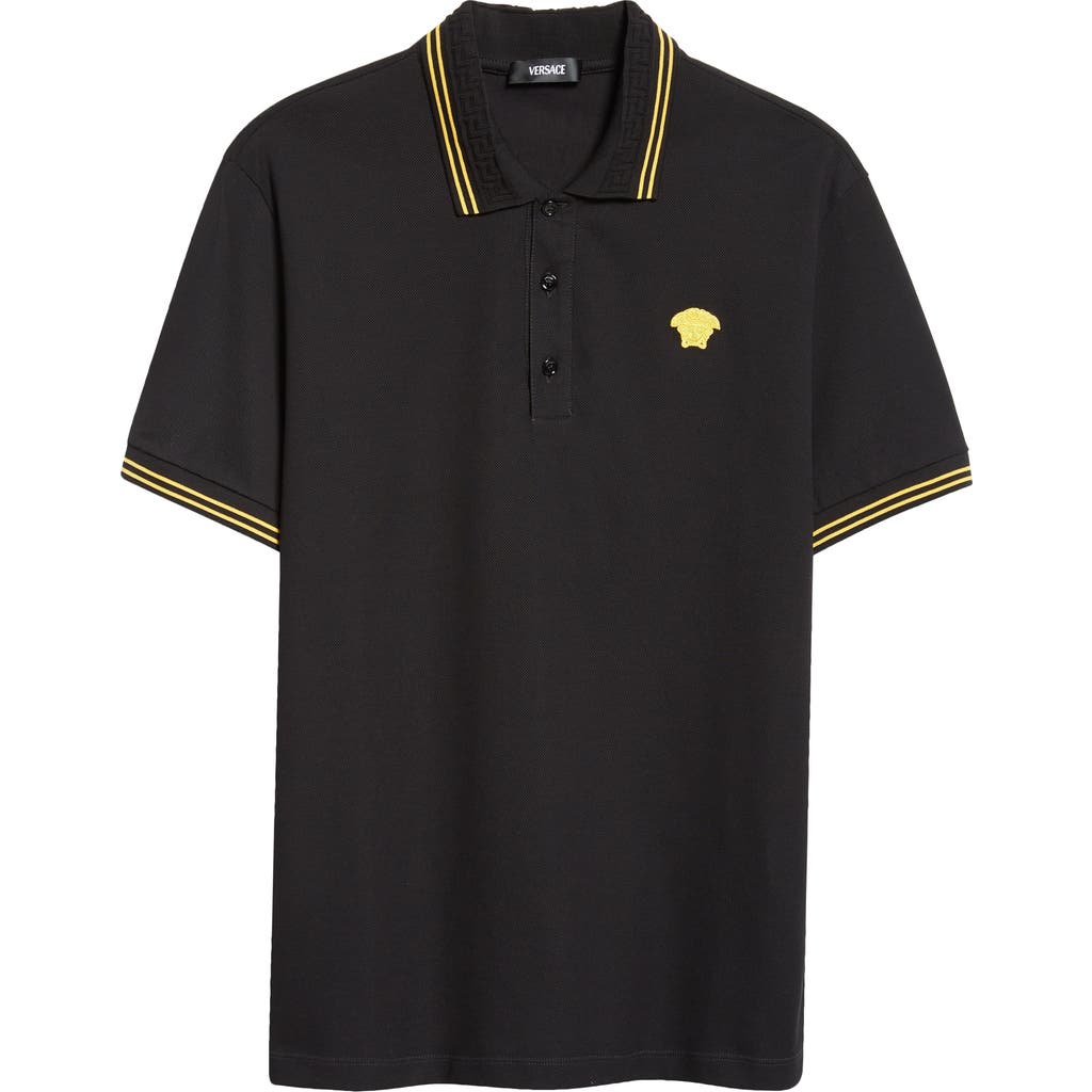 Shop Versace Tipped Embroidered Medusa Cotton Piqué Polo In Black