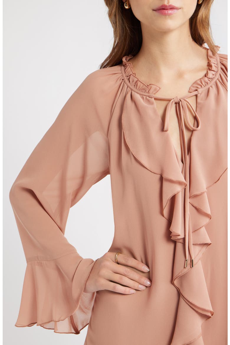 Ruffle Chiffon Shift Dress, Alternate, color, TAN CORK