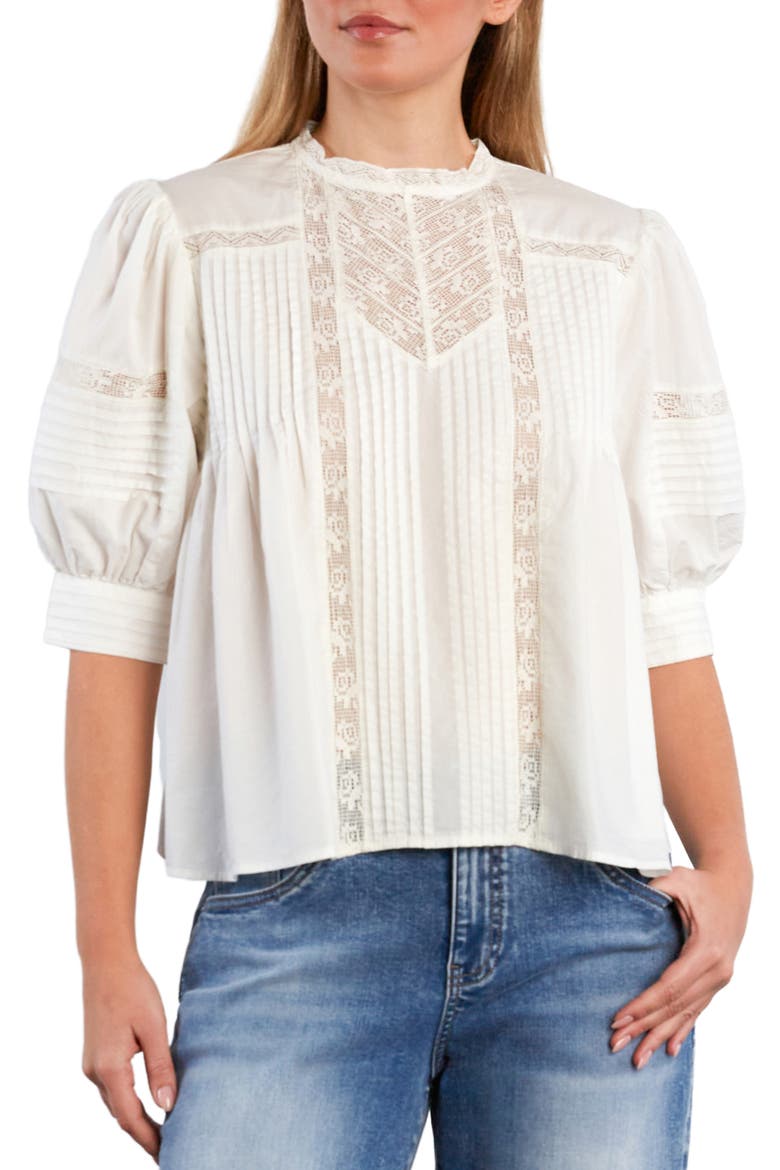 Charmalace Pintuck Lace Inset Cotton Blend Top, Main, color, SNOW WHITE