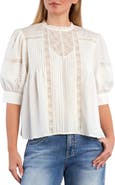 Wash Lab Denim Charmalace Pintuck Lace Inset Cotton Blend Top