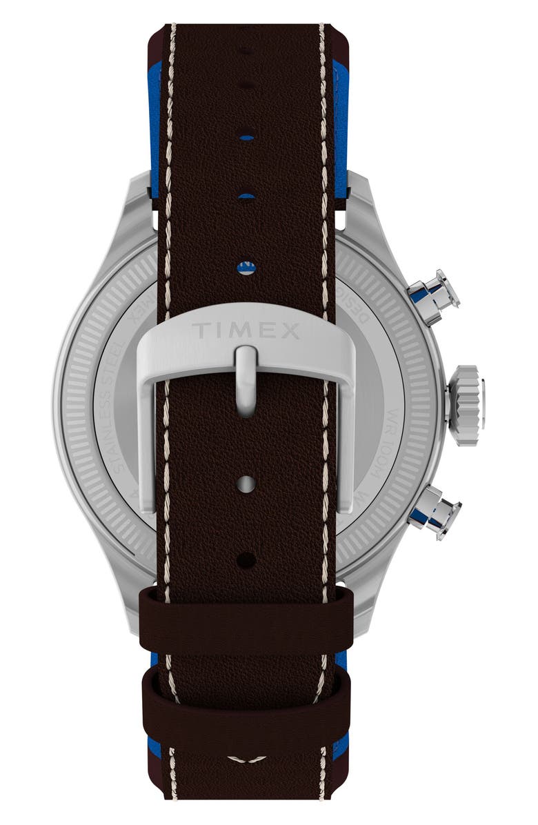 Timex<sup>®</sup> x Pan Am<sup>®</sup> Waterbury Ace Chronograph Leather Strap Watch, 41mm, Alternate, color, Silver-Tone